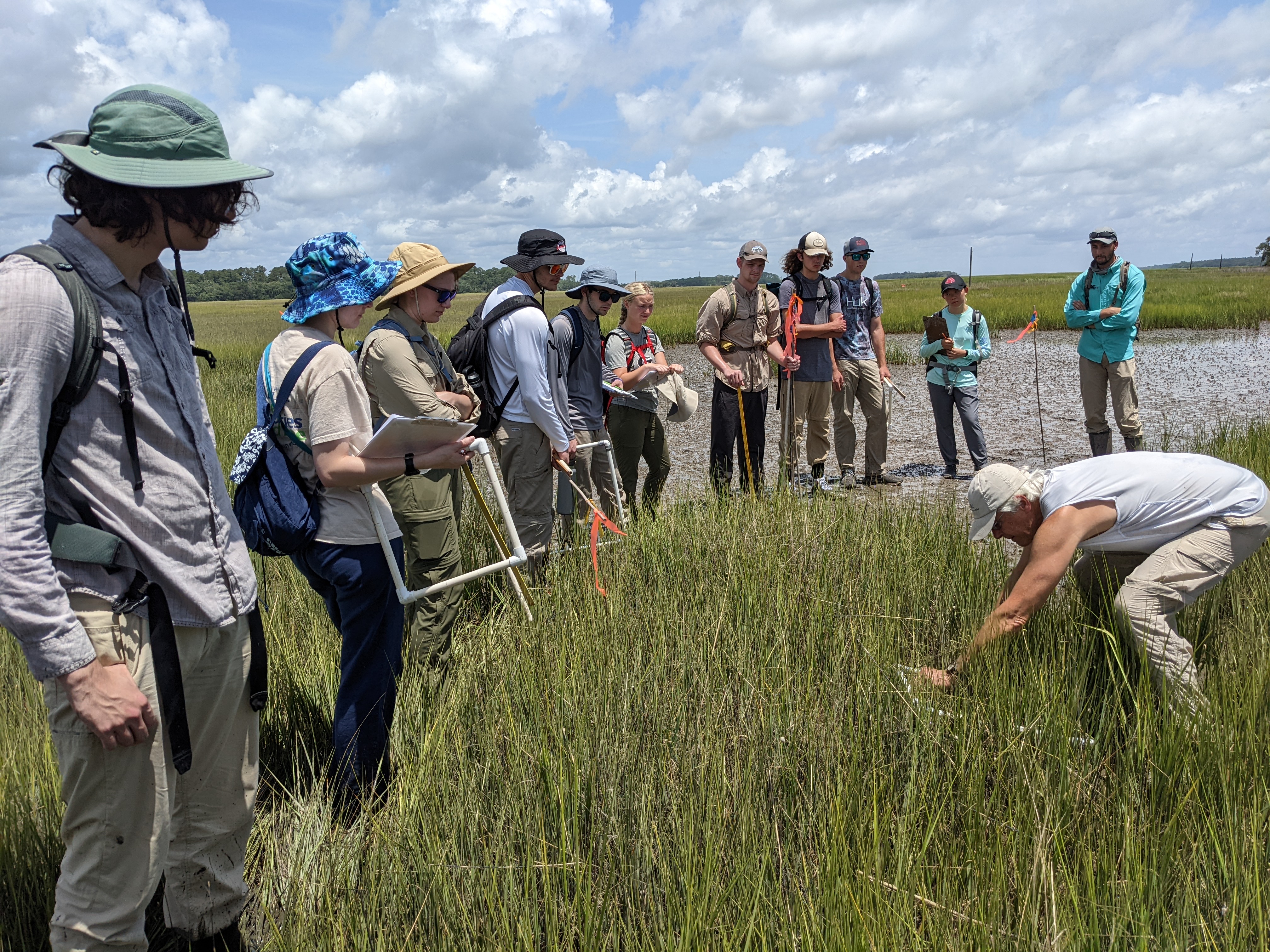 Student learning how to collect data across a transect